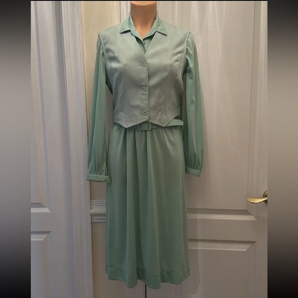 LESLIE FAY Vintage 1970s Mary Tyler Moore Style 2p Dress Green Vest Size 12 lcsr